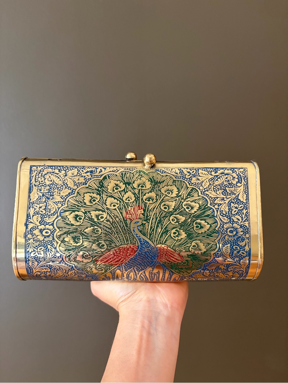 Hand-Painted Peacock Clutch Bag in Blue, Green and Red